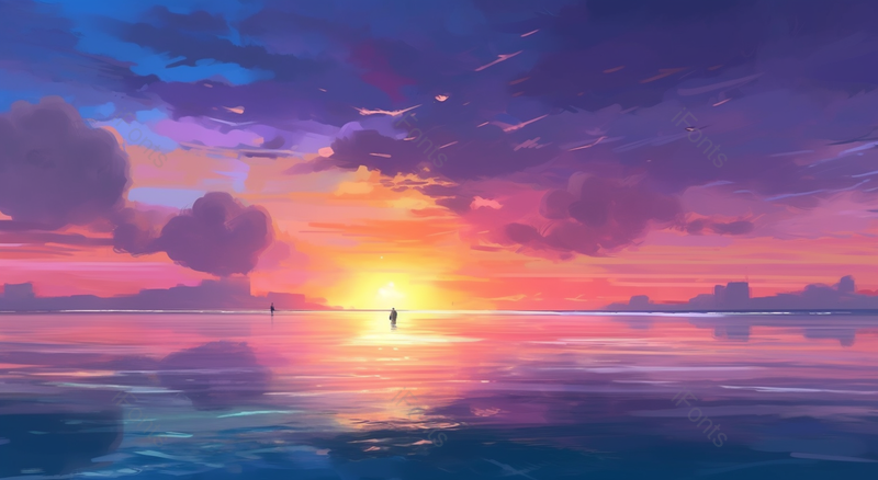 黄昏下阳光照射在海面上一望无际的海岸线唯美的海洋风景插画,插画/手绘图,插画/手绘图库,插画/手绘图下载,插画/手绘
